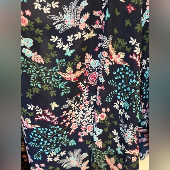 Women’s Navy Blue Pink Floral Colorful Bird Butterfly Sheer Kimono Cardigan OS - Picture 7 of 9